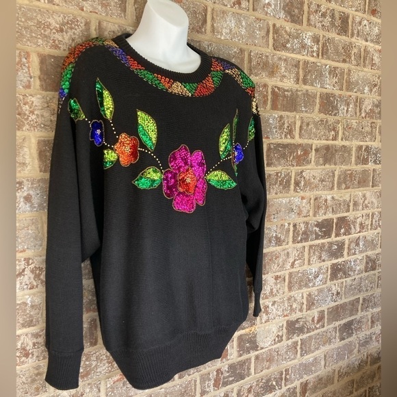Mister Noah 20W Sequined Sweater Pullover Floral Flowers 90s Knit - Picture 3 of 13